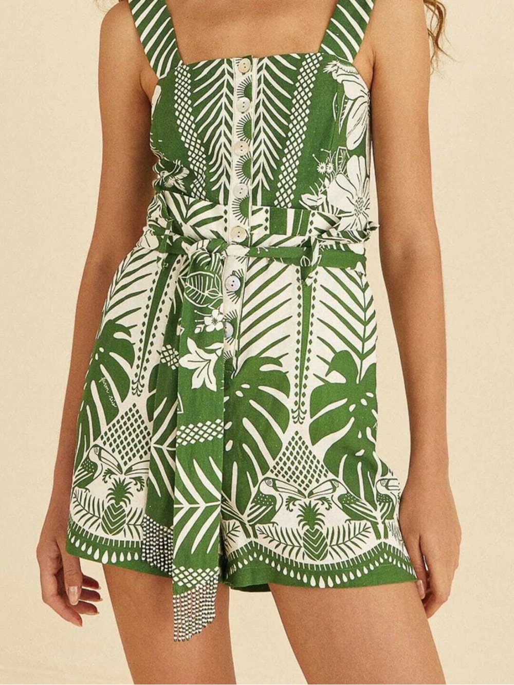 FARM Rio Green Tropical Print Belted Romper – Size L